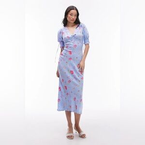 NWT Topshop Blue Floral Puff Sleeve Midi Dress US 10